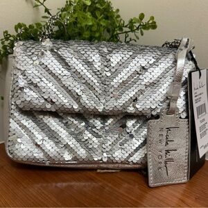 NEW Nicole Miller Silver Sequin Crossbody Bag Chain Strap Convertible Clutch